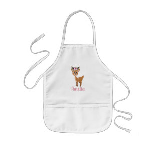 Girls Cute Pink Floral Deer and Name Kids' Apron