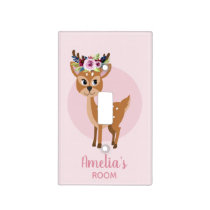Girls Cute Pink Floral Deer and Name Kids Nursery Light Switch Cover