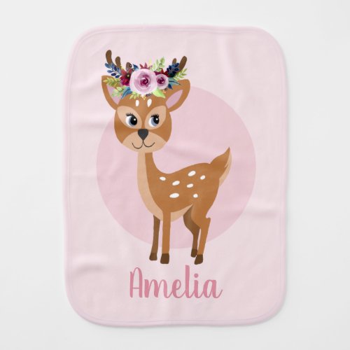 Girls Cute Pink Floral Deer Flowers and Name Baby Burp Cloth