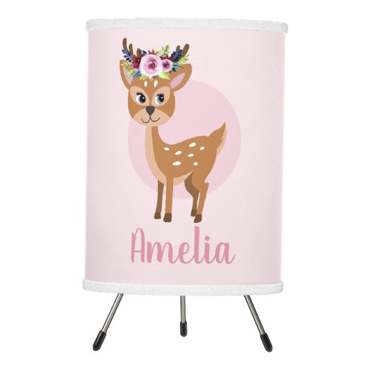 Girls Cute Pink Floral Deer & Flowers Kids Nursery Tripod Lamp (Front)