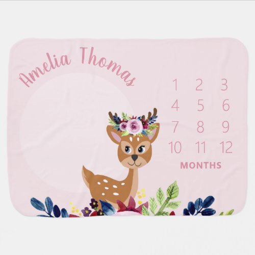 Girls Cute Pink Floral Deer Monthly Milestone Baby Blanket