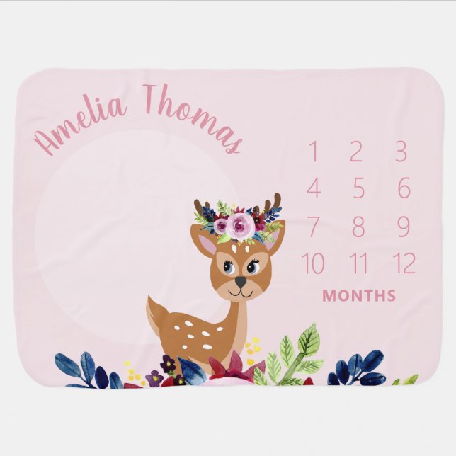 Girls Cute Pink Floral Deer Monthly Milestone Baby Blanket (Horizontal)