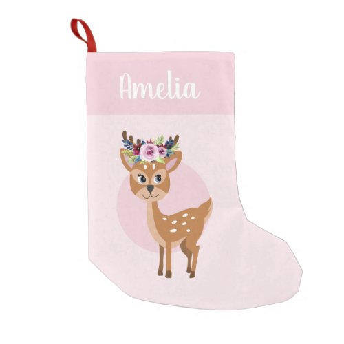 Girls Cute Pink Floral Deer  Name Kids Small Christmas Stocking