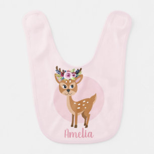 Girls Cute Pink Floral Deer with Flowers and Name Baby Bib