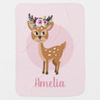 Girls Cute Pink Floral Deer with Flowers and Name Baby Blanket