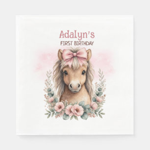 Girls Cute Pink Floral Horse 1st Birthday Napkins