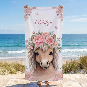 Girls Cute Pink Floral Horse Personalized Name  Beach Towel