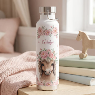 Girls Cute Pink Floral Horse Personalized Name  Water Bottle