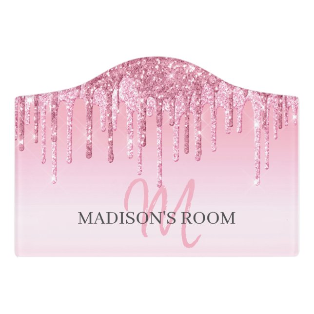 Girls Cute Pink Glitter Kids Door Sign (Small Crest Front)