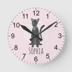 Girls Cute Pink Gray Tabby Cat Kids Nursery Round Clock