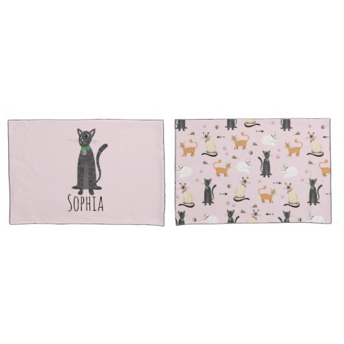 Girls Cute Pink Gray Tabby Cat Name Kids Pillow Case