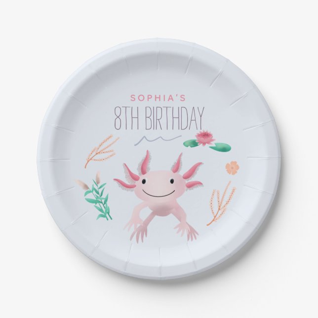 Girls Cute Pink Kawaii Axolotl Birthday Paper Plates (Front)