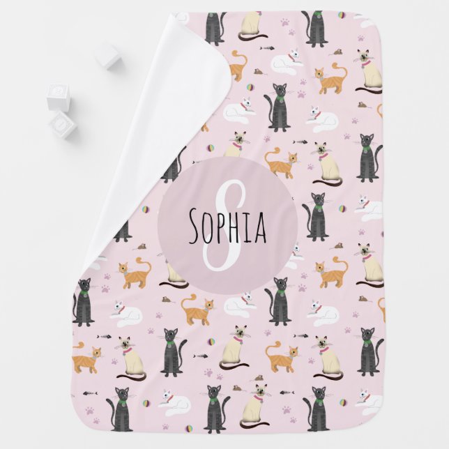 Girls Cute Pink Kitty Cat Cartoon Pattern & Name Baby Blanket (In Situ)