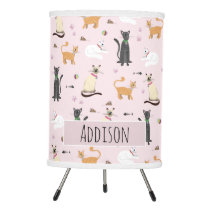 Girls Cute Pink Kitty Cat Pattern & Name Nursery Tripod Lamp