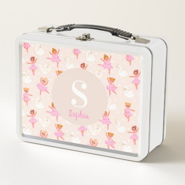 Girls Cute Pink Little Ballerina Personalized Kids Metal Lunch Box (Front)