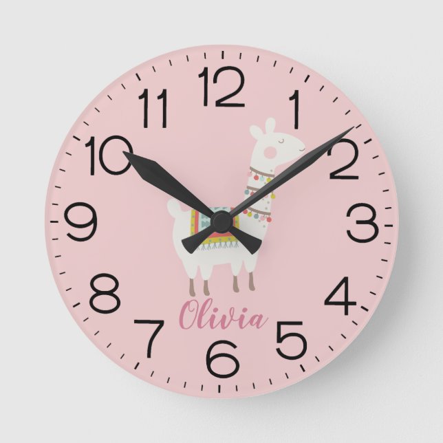 Girls Cute Pink Llama Custom Nursery Kids Round Clock (Front)
