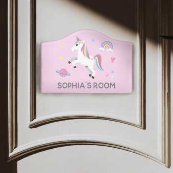 Girls Cute Pink Magical Unicorn & Name Kids Door Sign by Simply_Baby at Zazzle
