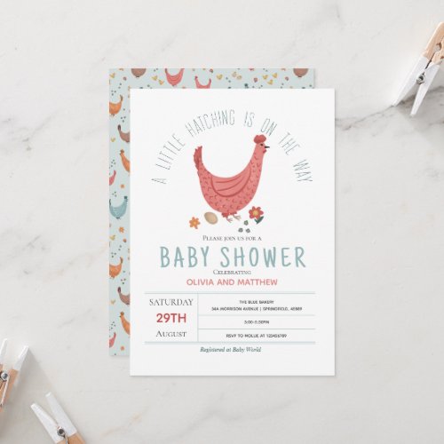 Girls Cute Pink Modern Farm Chicken Baby Shower Invitation