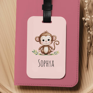 Girls Cute Pink Monkey Kids Luggage Tag