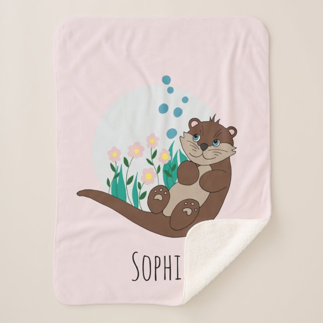 Girls Cute Pink Otter Cartoon Flowers Kids Sherpa Blanket (Front)