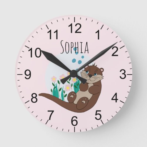 Girls Cute Pink Otter Flowers and Name Kids Round Clock