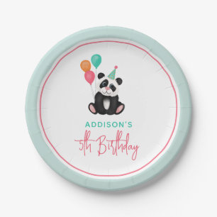 Girls Cute Pink Panda Bear 5th Birthday Party Paper Plates