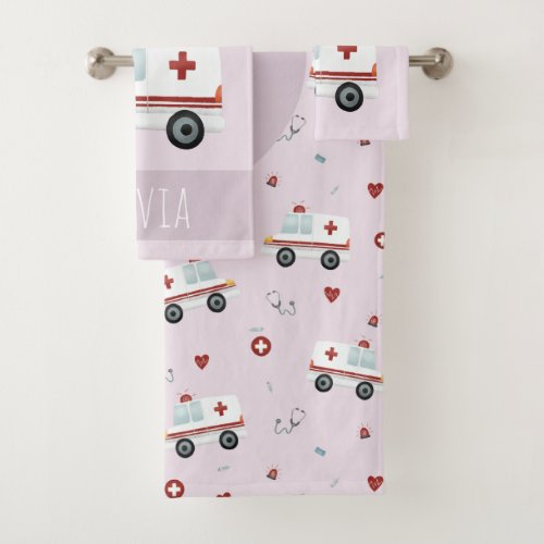 Girls Cute Pink Paramedic Ambulance Pattern Kids Bath Towel Set