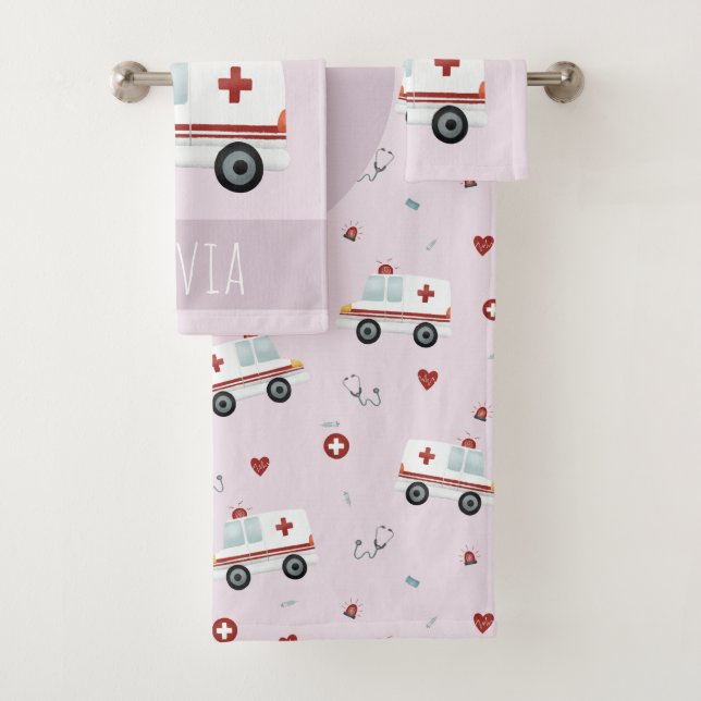 Girls Cute Pink Paramedic Ambulance Pattern Kids Bath Towel Set (Insitu)