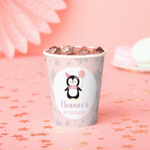 Girls Cute Pink Penguin Winter Kids Birthday Paper Cups