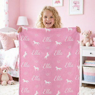 Girls Cute Pink Personalized Name Horse Fleece Blanket