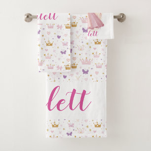 Girls Cute Pink Personalized Princess Crown Bath Towel Set