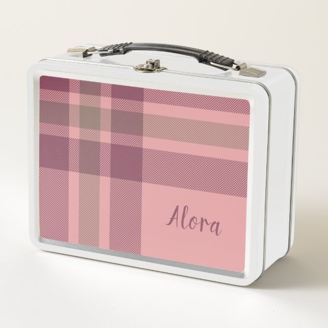 Girls Cute Pink Plaid Kids Metal Lunch Box (Front)