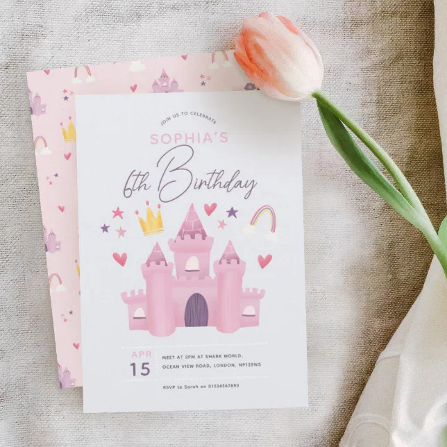 Girls Cute Pink Princess Palace 6th Birthday Invitation | Zazzle