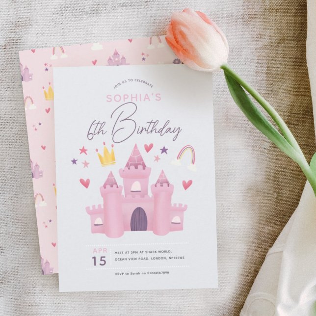 Girls Cute Pink Princess Palace 6th Birthday Invitation (Creator Uploaded)