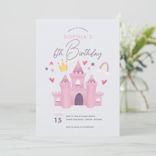 Girls Cute Pink Princess Palace 6th Birthday Invitation | Zazzle