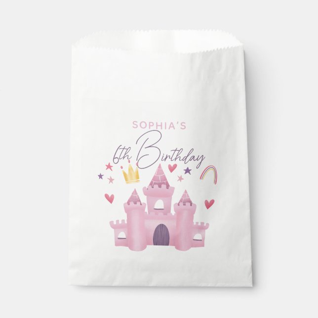 Girls Cute Pink Princess Palace 6th Birthday Kids Favor Bag (Front)