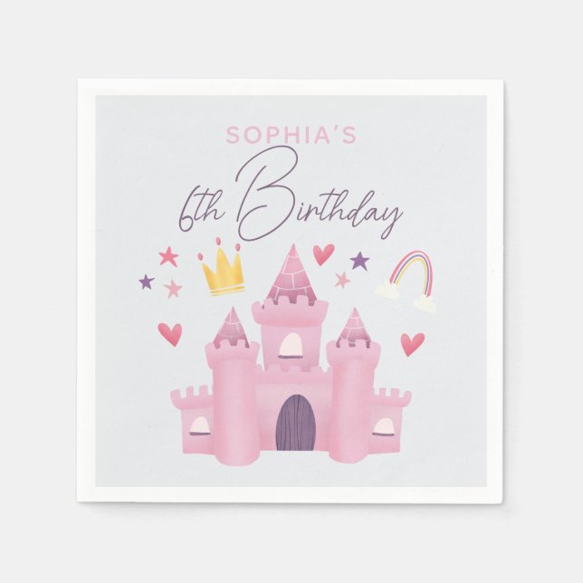 Girls Cute Pink Princess Palace Kids 6th Birthday Napkins (Front)