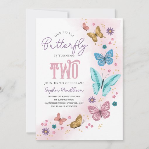 Girls Cute Pink Purple Butterfly Kids 2nd Birthday Invitation | Zazzle