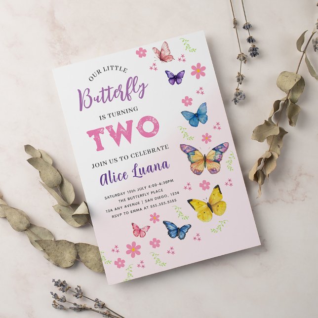 Girls Cute Pink Purple Butterfly Kids 2nd Birthday Invitation (Creator Uploaded)