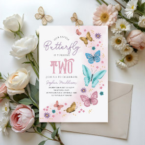 Girls Cute Pink Purple Butterfly Kids 2nd Birthday Invitation