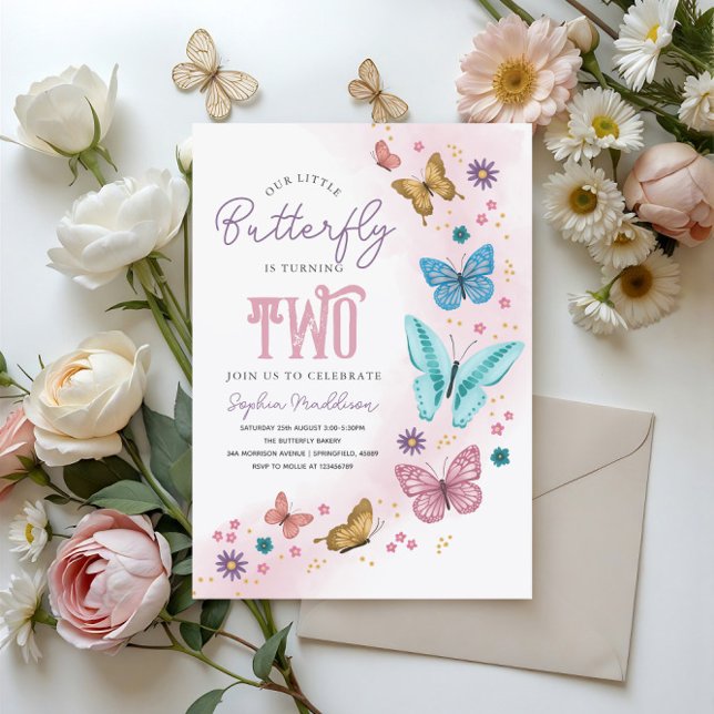 Girls Cute Pink Purple Butterfly Kids 2nd Birthday Invitation (Creator Uploaded)