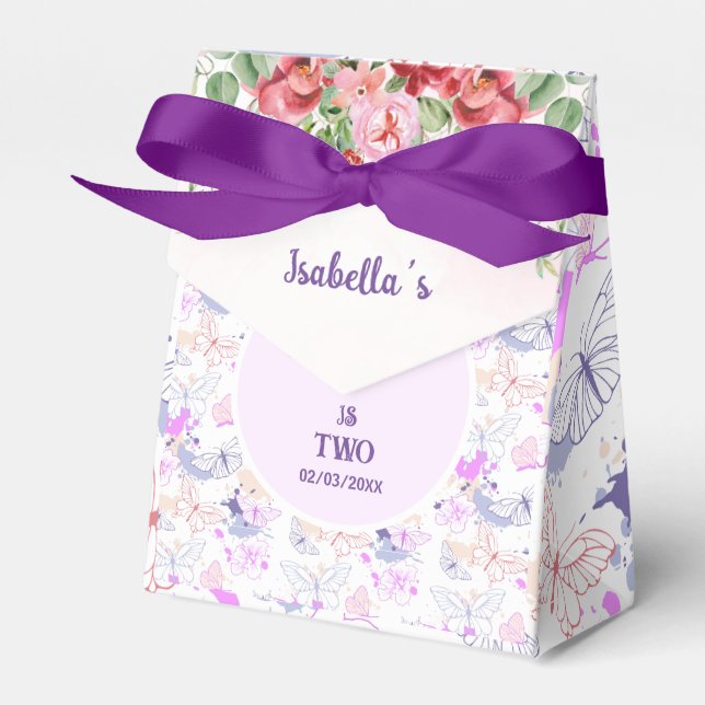 Girls Cute Pink Purple Butterfly Kids Birthday Favor Boxes (Front Side)
