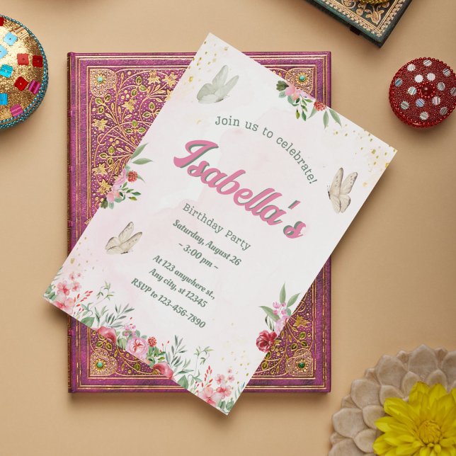 Girls Cute Pink Purple Butterfly Kids Birthday Invitation (Whimsical Butterfly Birthday Invitations - 2nd Birthday Celebration
)