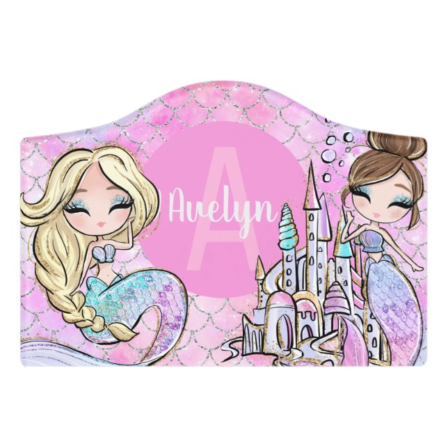 Girls Cute Pink Purple Custom Mermaid Kids Door Sign (Small Crest Front)