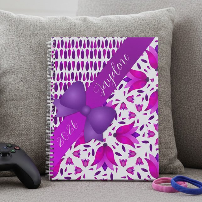 Girls Cute Pink Purple Flowers And Bow  Planner (2026’s cutest companion for staying on track. Pinks and purples for the girly girl in you.)