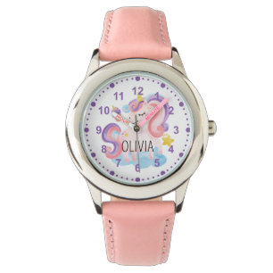 Girls Cute Pink Purple Unicorn Custom Name Watch