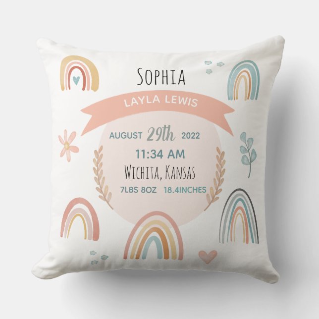 Girls Cute Pink Rainbow Birth Stats Baby Nursery Throw Pillow (Front)