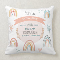 Girls Cute Pink Rainbow Birth Stats Baby Nursery Throw Pillow