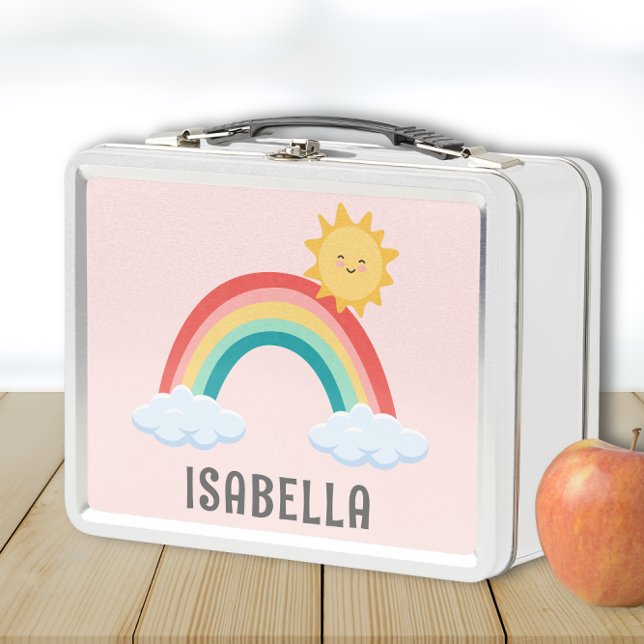 Girls Cute Pink Rainbow Kids Personalized Metal Lunch Box (Cute Custom Name Lunchbox for girls with rainbow and sun)