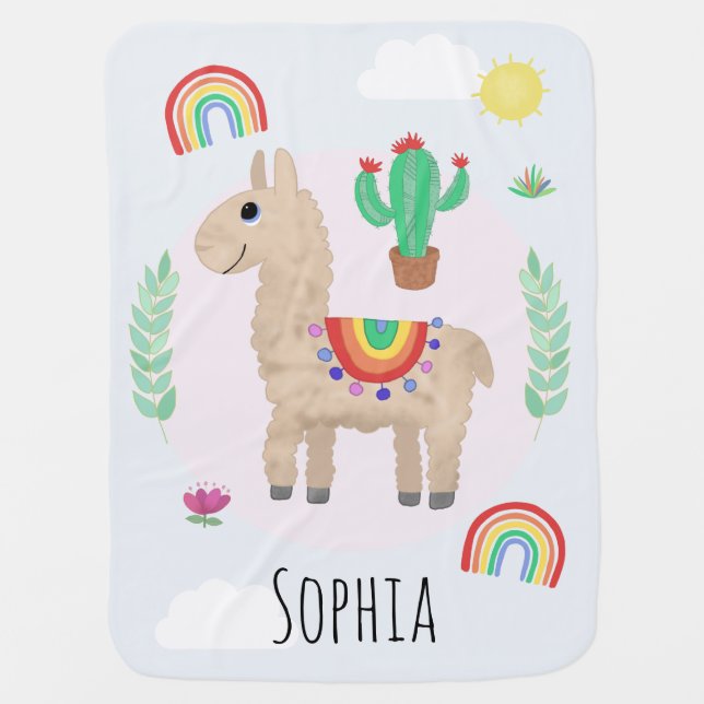 Girls Cute Pink Rainbow Llama Alpaca Baby Blanket (Front)